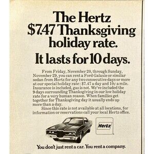 Hertz Rent A Car Co. "$7.47 Thanksgiving Holiday rate" Vintage Print Ad 1970